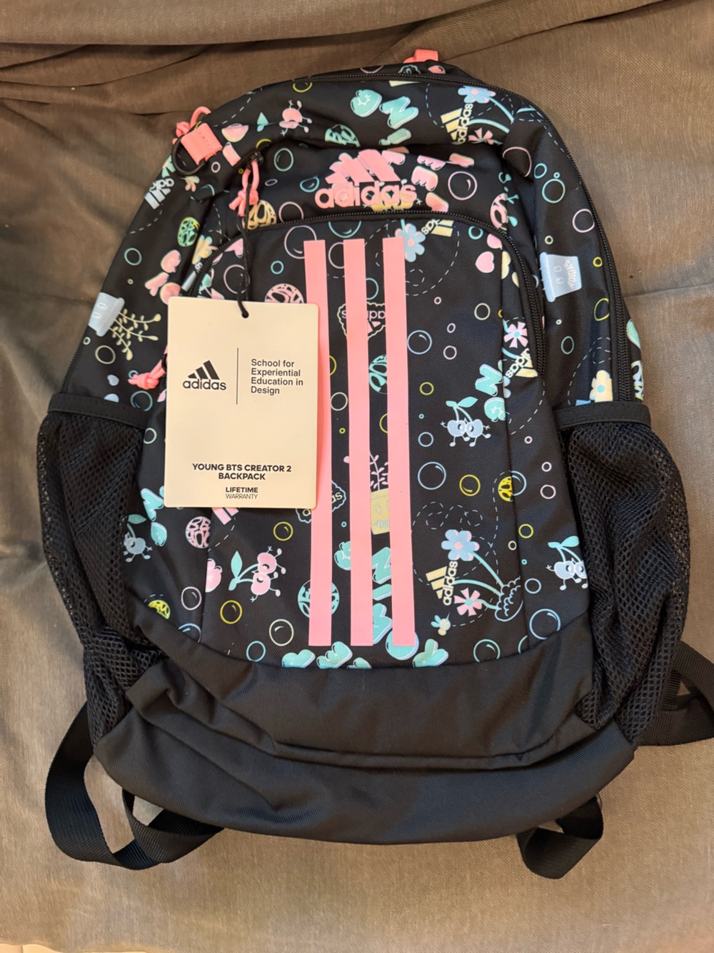 adidas Kids Black Backpack with Pink Stripes and Pastel Floral Print NWT